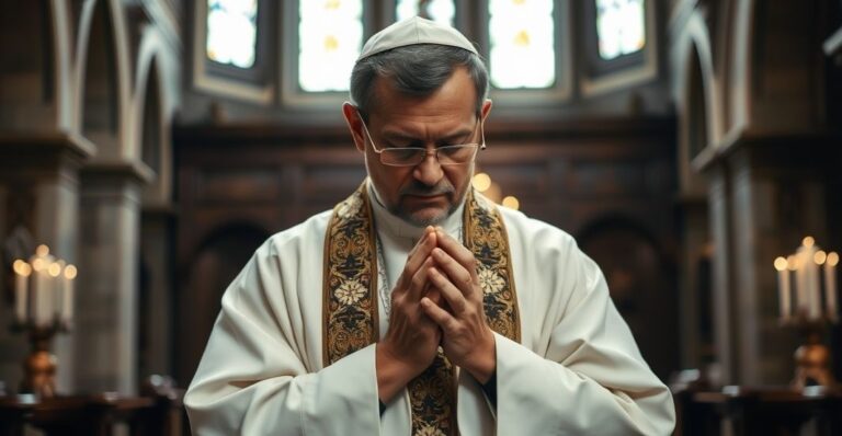 Ksiądz katolicki w tradycyjnych szatach liturgicznych modli się w starej, poważnej świątyni, symbolizując krytykę nowoczesnych błędów i ekumenizmu.