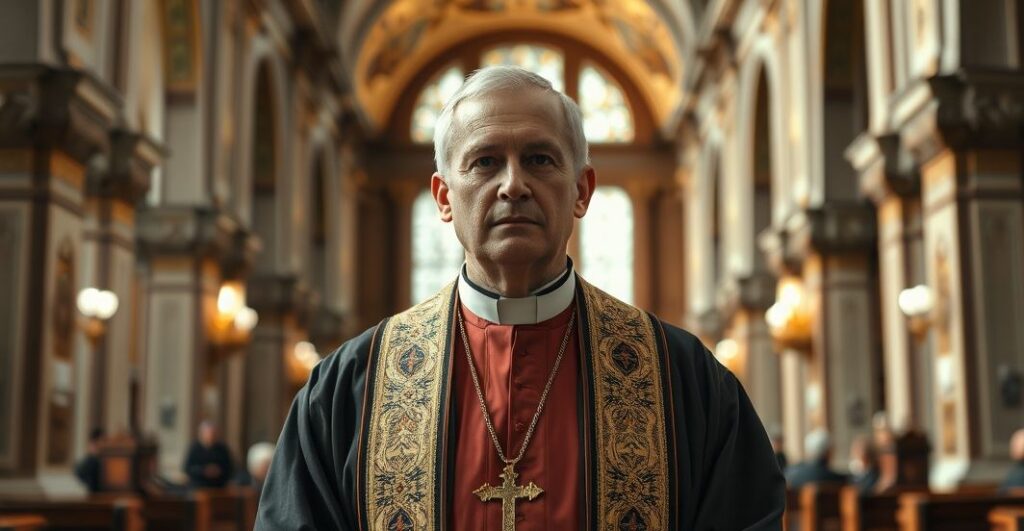 Ksiądz katolicki w tradycyjnych szatach stojący w kościele, refleksyjny, krytyczny wobec ekumenizmu i herezji modernistycznej, w realistycznym stylu stockowym