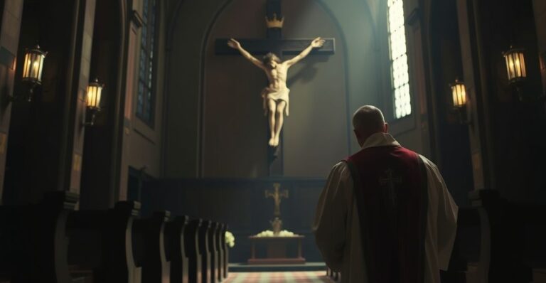 Ksiądz w tradycyjnych sutannach przed krzyżem w ciemnej katedrze, wyraz powagi i troski o prawdziwą wiarę katolicką, krytyka modernistycznych tendencji.