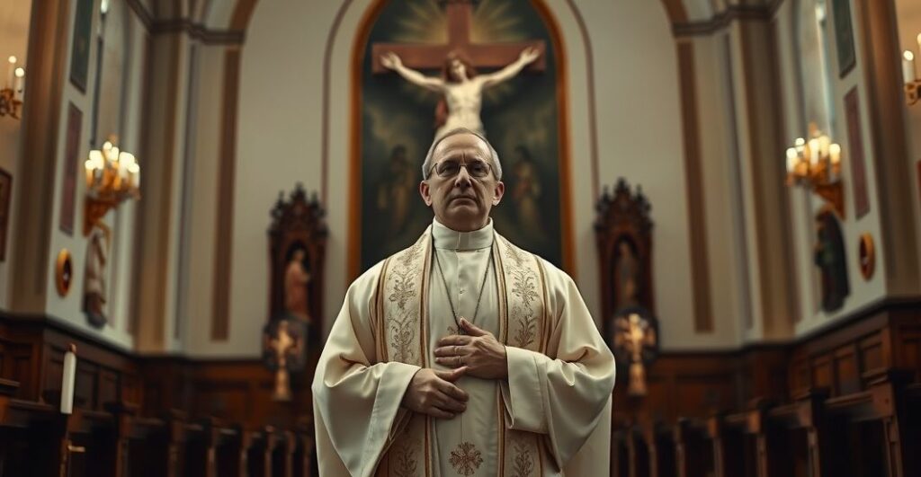 Ksiądz katolicki w tradycyjnym stroju, stojący przed krucyfiksem, wyraz zatroskania i refleksji, w wnętrzu kościoła, symbolizujący krytykę modernistycznych tendencji w kościele