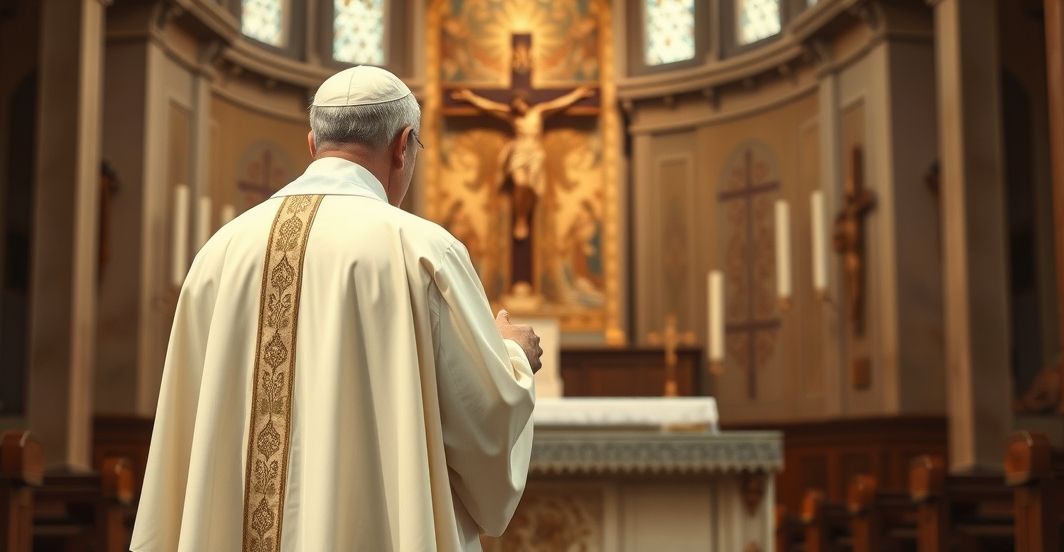 Ksiądz katolicki przeciwko nowoczesnym zagrożeniom w kościele Ksiądz katolicki w tradycyjnych szatach na tle ołtarza w kościele, symbolizujący wierność wierze i sprzeciw wobec nowoczesnych zagrożeń