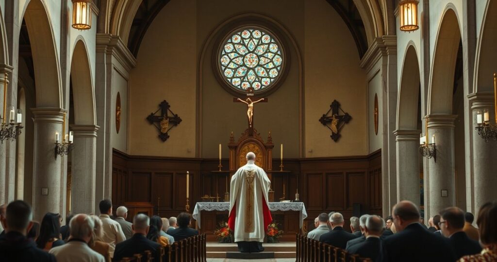 Obraz wnętrza tradycyjnego katolickiego kościoła z ołtarzem, kapłanem i wiernymi w skupieniu podczas liturgii, oddający szacunek i powagę sakramentu, w duchu krytyki nowoczesnych odstępstw od tradycji