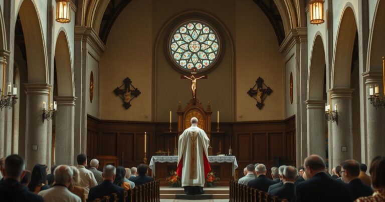 Obraz wnętrza tradycyjnego katolickiego kościoła z ołtarzem, kapłanem i wiernymi w skupieniu podczas liturgii, oddający szacunek i powagę sakramentu, w duchu krytyki nowoczesnych odstępstw od tradycji