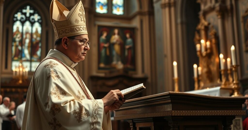 Szeroki kadr katolickiego kapłana w liturgii tradycyjnej, odprawiającego Mszę w historycznym kościele, z naciskiem na powagę i wierność naukom Kościoła