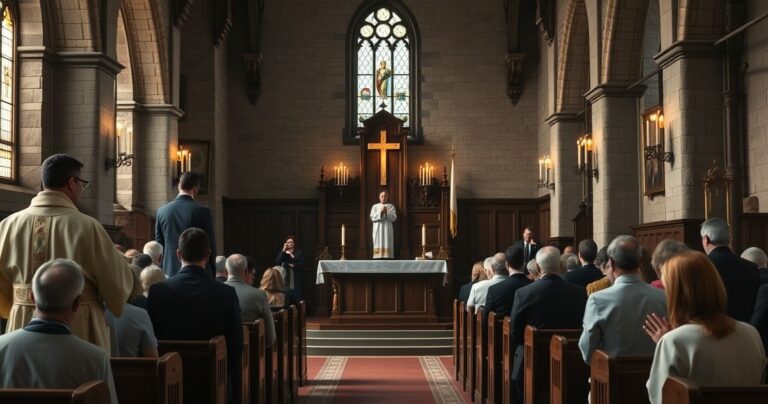 Obraz ukazujący katolicką liturgię w tradycyjnym kościele, z kapłanem i wiernymi w głębokiej modlitwie, odzwierciedlający szacunek dla prawdziwej wiary katolickiej