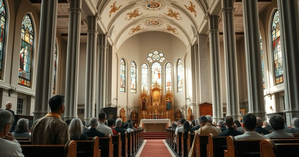 Obraz autentycznego, poważnego wnętrza kościoła katolickiego z kapłanami podczas Mszy, wyrażającego głęboką religijność i wierność tradycji w obliczu współczesnych wyzwań