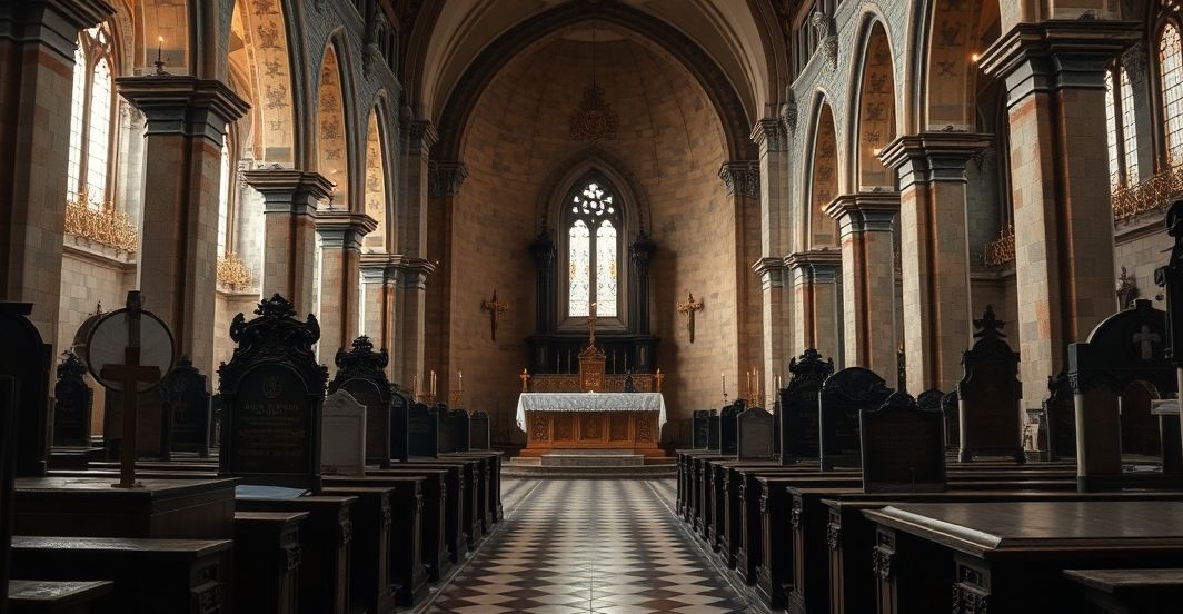 Rewersowana katolicka krypta z ołtarzem i świecami, wyraz szacunku dla świętego dziedzictwa Kościoła