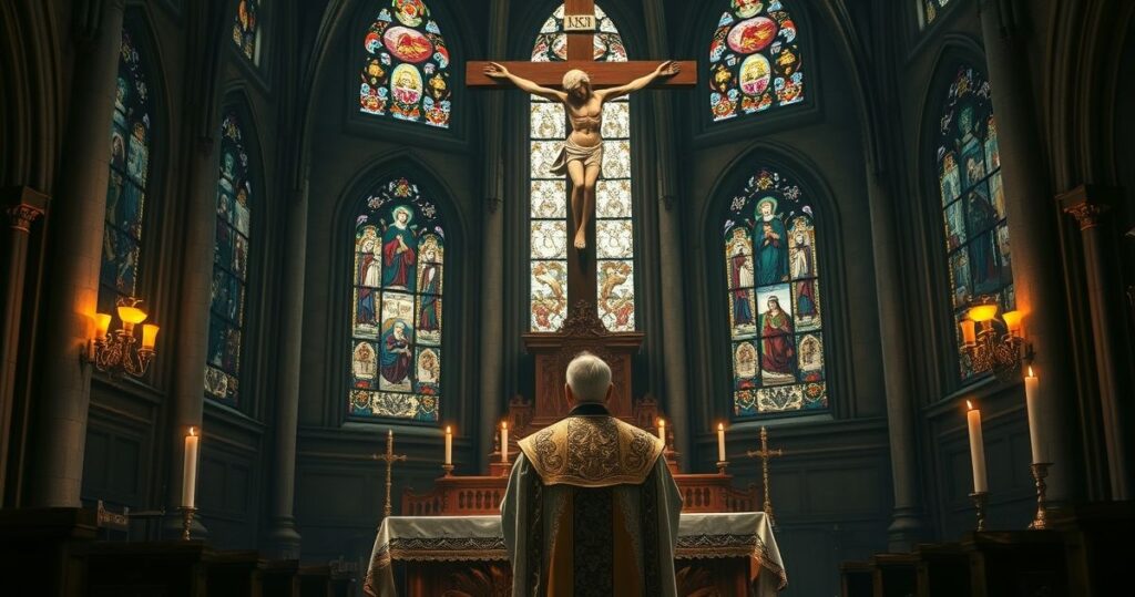 Duchown katolicki w tradycyjnych ornatach podczas mszy w kościele, symbolizujący obronę prawdziwego porządku Bożego przeciw modernistycznym iluzjom