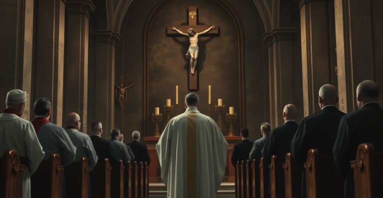 Rekolekcja katolicka z kapłanem w tradycyjnych szatach przy ołtarzu, refleksja nad kryzysem wiary i modernistycznym aktywizmem