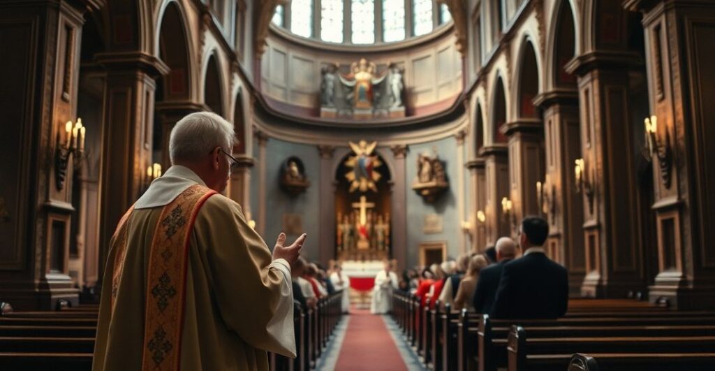 Kapłan modlący się w tradycyjnym kościele, odzwierciedlający krytykę modernistycznego kryzysu w Kościele katolickim