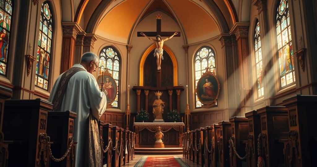 Swięty kapłan w tradycyjnej liturgii, modlitwa w kościele, refleksja nad naukową pychą i zaniedbaniem Boga