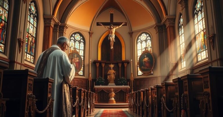 Swięty kapłan w tradycyjnej liturgii, modlitwa w kościele, refleksja nad naukową pychą i zaniedbaniem Boga
