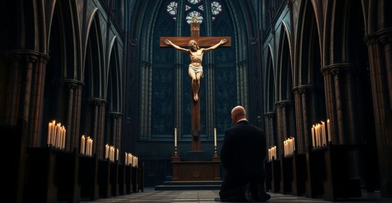 Ksiądz katolicki w liturgicznym stroju modli się przed krucyfiksem w tradycyjnym kościele, ukazując powagę i głębię katolickiej pobożności