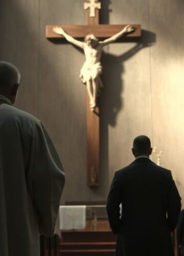 Kapłan modli się przy krucyfiksie w tradycyjnej katolickiej scenerii Klasztorny kapłan w modlitewnym skupieniu przed krucyfiksem, symbolizujący powrót do prawdziwego nauczania katolickiego i odrzucenie modernistycznych tendencji