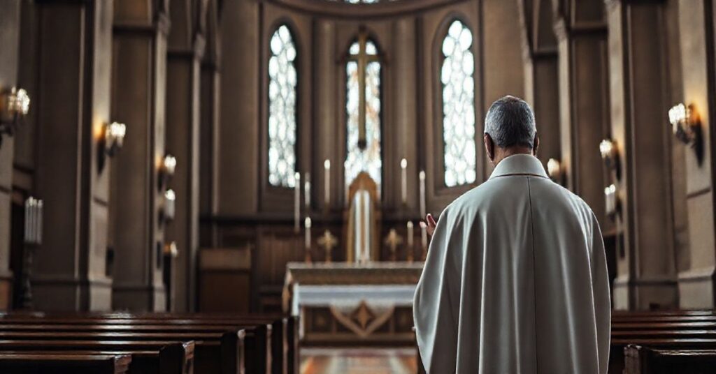 Sanktuarium katolickie z kapłanem w modlitwie, symbolizujące powagę i tradycję wobec współczesnych kontrowersji religijnych