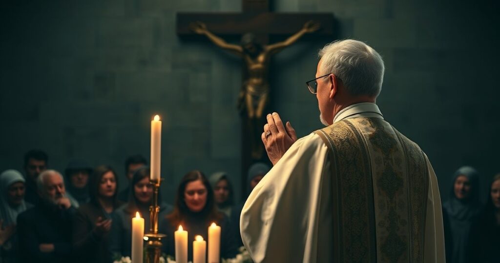 Kapłan katolicki w tradycyjnych szatach modli się przed krucyfiksem, w tle żałobna grupa wiernych, oddanie czci i głęboka refleksja nad tragedią w Lizbonie