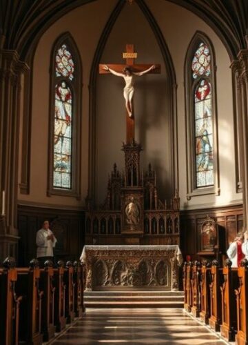 Tradycyjny Kościół a zagrożenia bioetyki w nowoczesnej medycynie Sanktuarium katolickie z kapłanem w ornatach, symbolizujące tradycyjną moralność wobec bioetyki i zagrożeń współczesnej medycyny w świetle nauki Kościoła