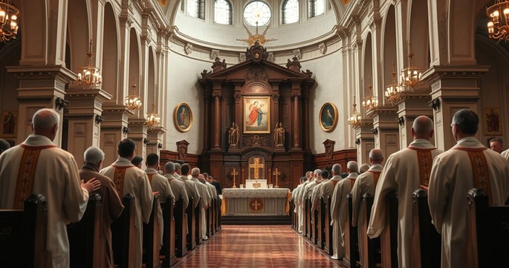 Sanktuarium katolickie z duchownymi w liturgii, podkreślające tradycyjną naukę Kościoła i moralną prawdę