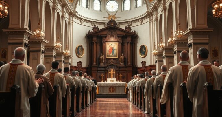 Sanktuarium katolickie z duchownymi w liturgii, podkreślające tradycyjną naukę Kościoła i moralną prawdę
