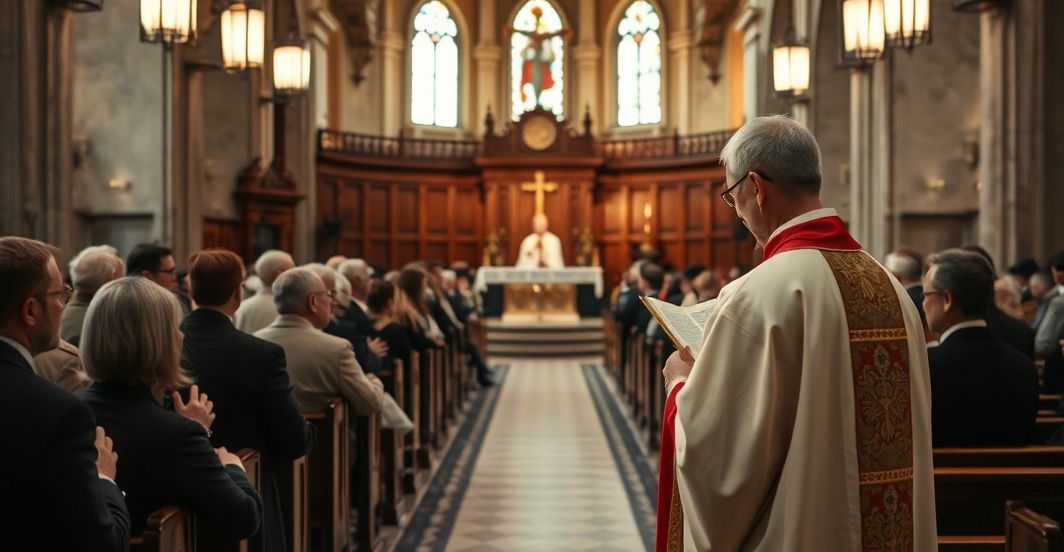 Wnętrze tradycyjnego kościoła katolickiego z kapłanem i wiernymi, podkreślające pobożność i powagę religijną, ukazujące krytykę nowoczesnych psychologicznych wpływów na wychowanie katolickie