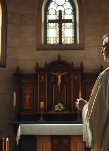 Realistyczna scena katolicka ukazująca wierność tradycji i krytykę misji posoborowych Ksiądz w tradycyjnych szatach, modlący się w kościelnej kaplicy, symbolizujący katolicką wierność i krytykę współczesnych misji humanitarnych bez duchowego wymiaru
