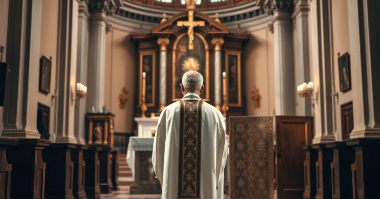 Siedzący kapłan w tradycyjnym stroju, modlący się w kościele, symbolizujący odwagę i wierność katolickiej nauce wobec nowoczesnych ataków ideologicznych