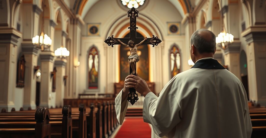 Kościół katolicki wobec świeckiej tyranii - wierna reprezentacja Fotografia realistycznego wnętrza kościoła katolickiego z kapłanem w sutannie, symbolizująca odrzucenie świeckiej tyranii i wierność Bożemu prawu