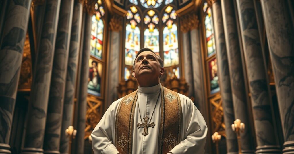 Sanktuarium katolickie z kapłanem w głębokiej refleksji, symbolizujące powrót do tradycyjnej nauki Kościoła i krytykę modernistycznych interpretacji Pisma Świętego