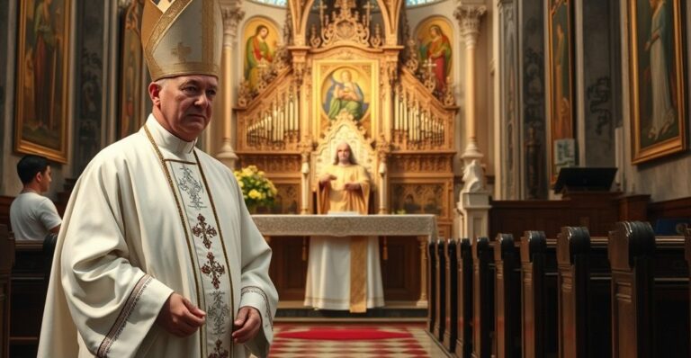 Ksiądz w tradycyjnej szacie katolickiej w świątyni, wyraz powagi i duchowego przywództwa, symbolizujący autentyczną wiarę katolicką w obliczu nowoczesnych błędów sekty posoborowej