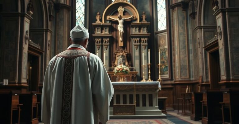 Reverent Catholic priest w kaplicy z krucyfiksem i ołtarzem, podkreślający głęboką wiarę i tradycyjne wartości katolickie