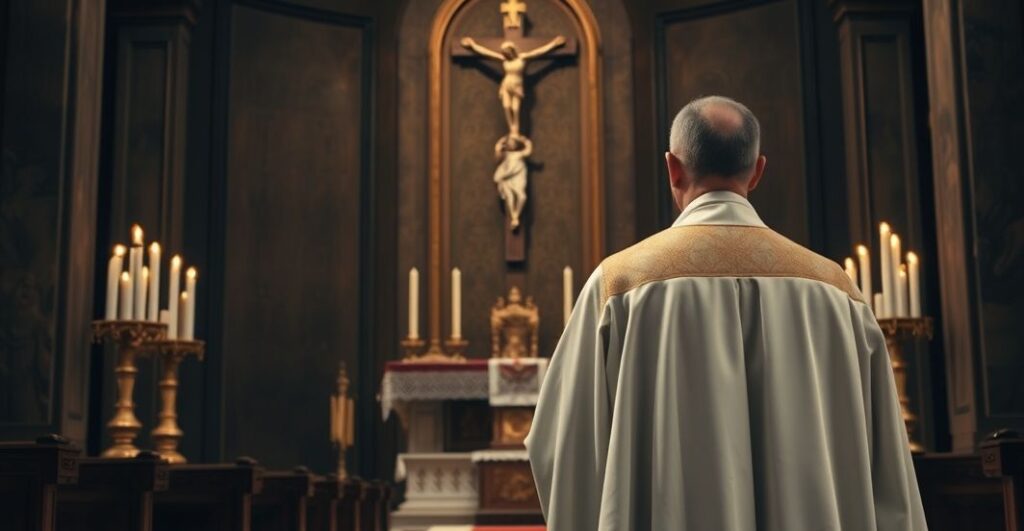 Ksiądz w tradycyjnych szatach przed ołtarzem, symbolizujący wierne posłuszeństwo Kościołowi i sprzeciw wobec modernistycznej reinterpretacji sumienia