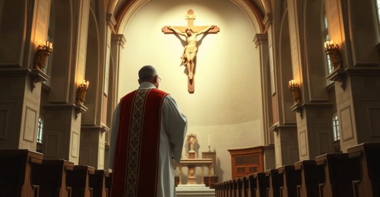 Kapłan w tradycyjnych szatach stojący przed krucyfiksem w katolickiej świątyni, symbolizujący wierność naukom Kościoła przeciwko modernistycznym wpływom
