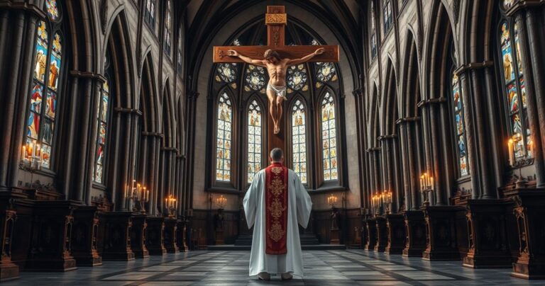 Ksiądz w tradycyjnych szatach stojący przed krucyfiksem w historycznym wnętrzu kościoła, symbolizujący głęboką wiarę i szacunek dla prawdy katolickiej