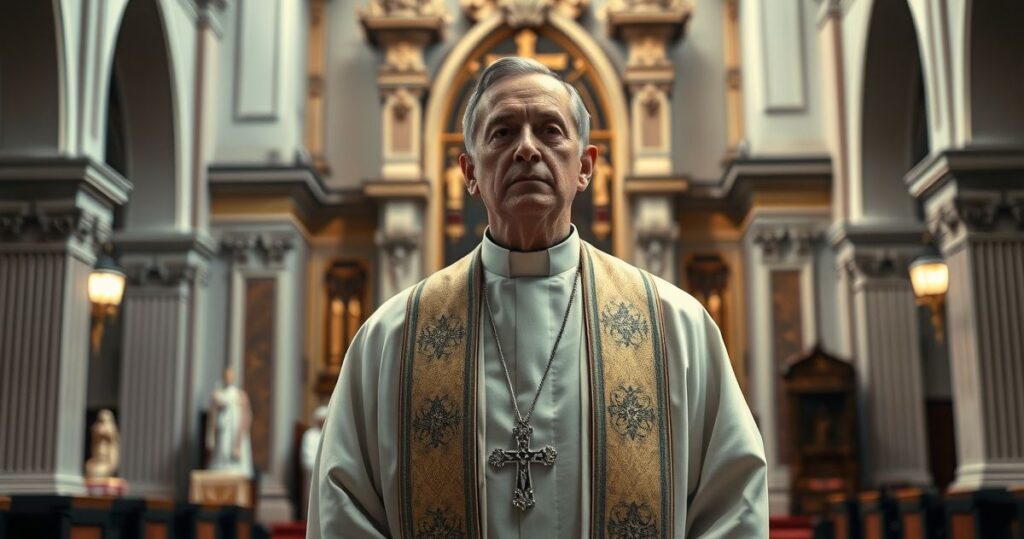 Ksiądz w tradycyjnym stroju katolickim podczas krytycznej sceny w nowoczesnym kościele, ukazującej duchową walkę i zagrożenie modernizmu