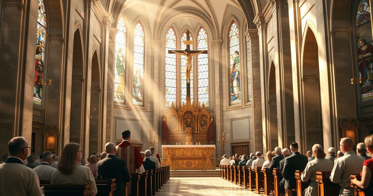 Klasztor katolicki z kapłanami i wiernymi podczas modlitwy, ukazujący sprzeciw wobec nowoczesnych technologii i sojuszy z siłami świeckimi