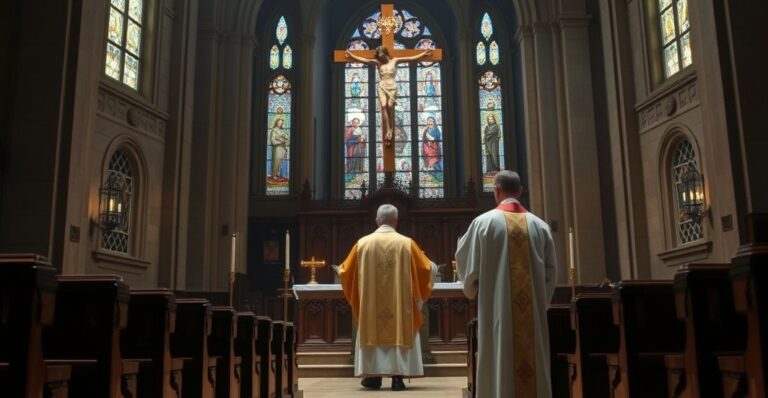 Ksiądz w tradycyjnych szatach przed ołtarzem, refleksja nad modernistycznym zagrożeniem w Kościele katolickim