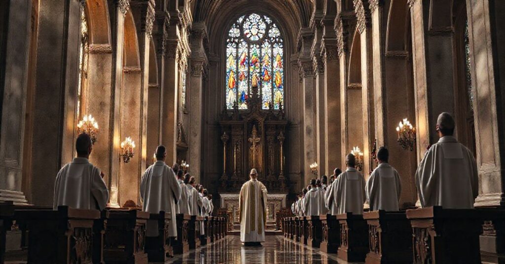 Sanktuarium katolickie z duchownymi w tradycyjnych szatach, symbolizujące odrzucenie modernistycznych tendencji i wierność naukom Kościoła