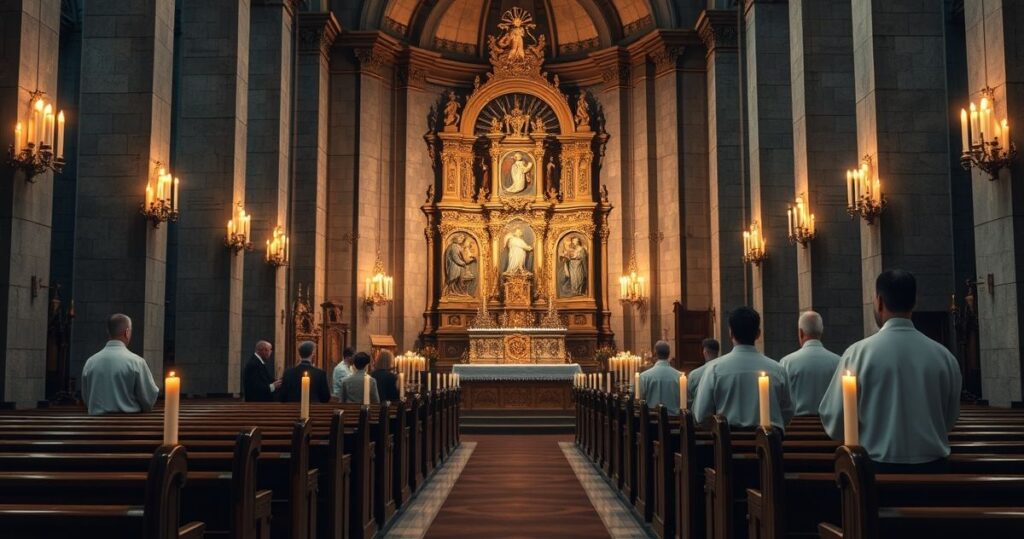 Szczegółowe zdjęcie kościoła katolickiego z ołtarzem i kapłanem w tradycyjnych szatach, symbolizujące duchową krytykę modernistycznego odchylenia od nauki Kościoła