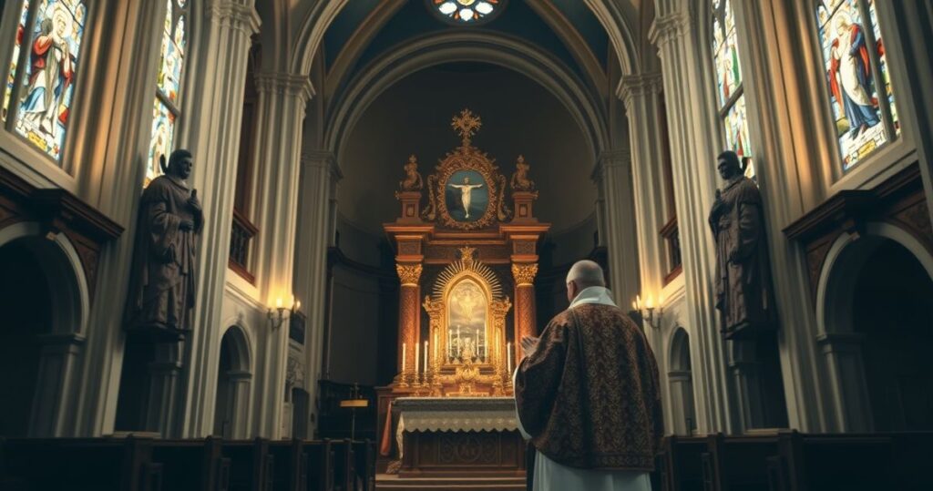 Wnętrze tradycyjnego kościoła katolickiego z tabernakulum, podkreślające sakralność Eucharystii, w pełni realistyczne i pełne szacunku zdjęcie do bloga katolickiego