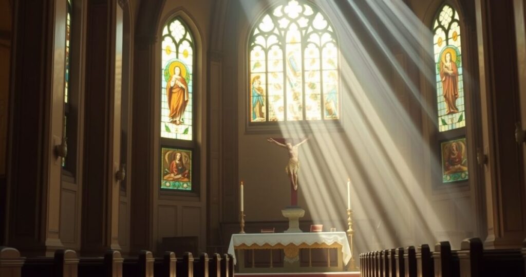 Religijne wnętrze kościoła katolickiego z ołtarzem, krzyżem i świecami, symbolizujące wiarę i pokój w tradycyjnej katolickiej atmosferze.