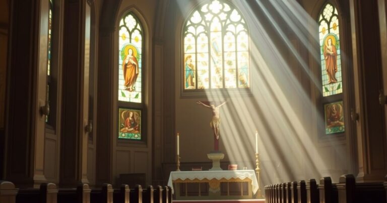 Religijne wnętrze kościoła katolickiego z ołtarzem, krzyżem i świecami, symbolizujące wiarę i pokój w tradycyjnej katolickiej atmosferze.