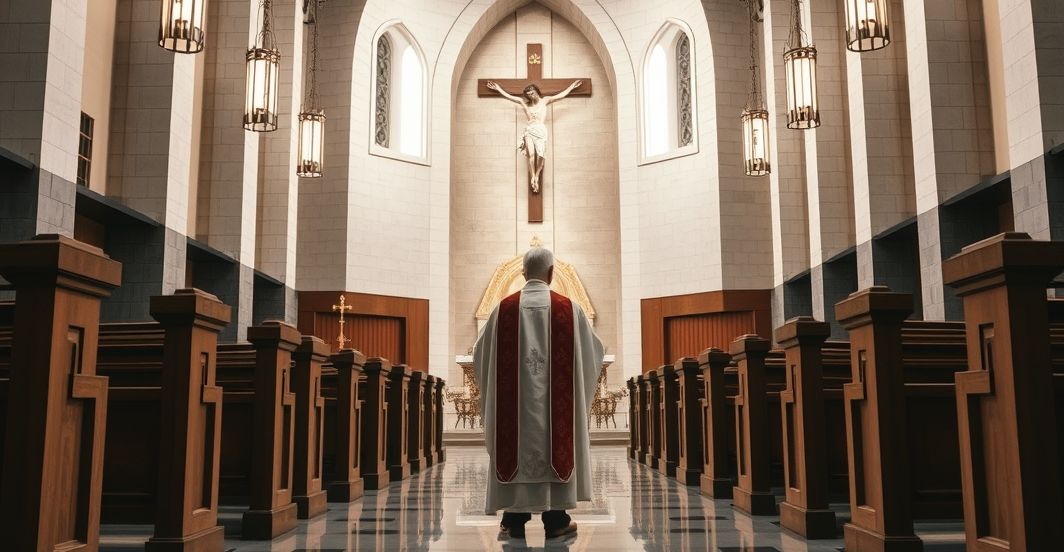 Kościół katolicki z kapłanem w tradycyjnych szatach, przed krucyfiksem, symbolizujący wierność nauce i sprzeciw wobec modernistycznej erozji dogmatów