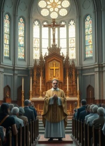 Tradycyjny Kościół katolicki a zagrożenia technokratycznej bioetyki Tradycyjna katolicka scena w kościele z kapłanem i wiernymi, symbolizująca wierność wierze w obliczu nowoczesnych zagrożeń bioetycznych