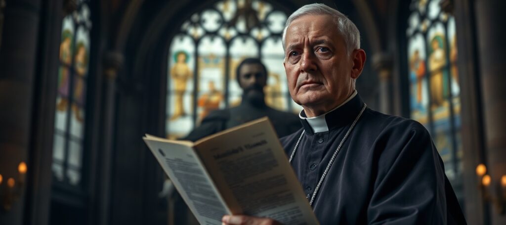 Słomny portret tradycyjnego księcia katolickiego trzymającego dokument Magnifica Humanitas w ciemnym kościele