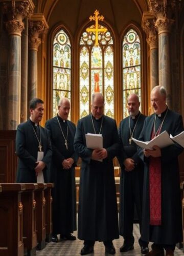 Kościół we Francji zastępuje sakramenty biurokracją - system 'Renaître' Tradycyjny ksiądz w sutannie w kościele z witrażami trzyma krzyż i patrzy z żalem na modernistycznych biskupów dyskutujących dokumenty systemu 'Renaître'.