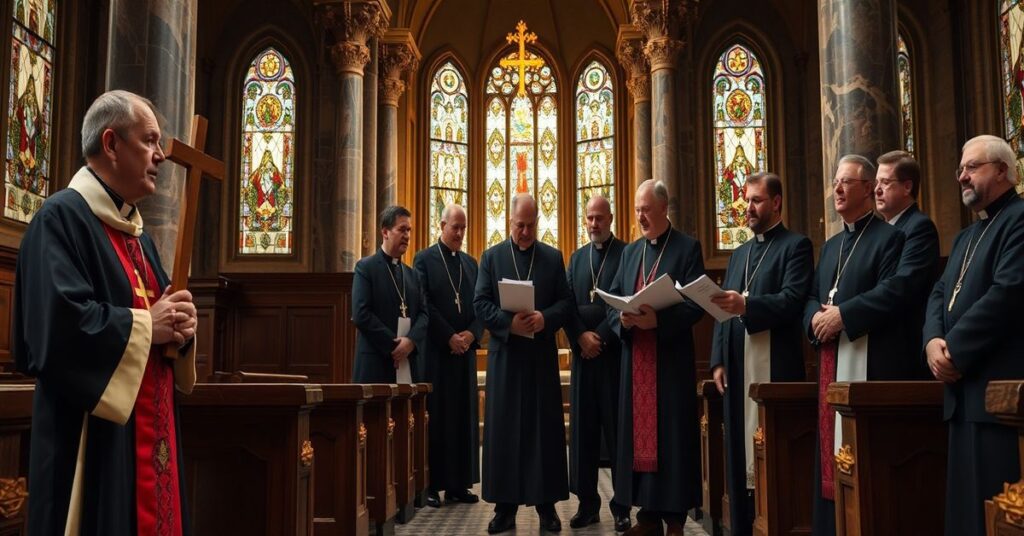 Tradycyjny ksiądz w sutannie w kościele z witrażami trzyma krzyż i patrzy z żalem na modernistycznych biskupów dyskutujących dokumenty systemu 'Renaître'.