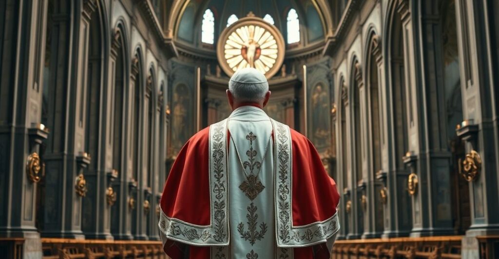 Kapłan katolicki w vestamentach, w majestatycznym wnętrzu kościoła, modlący się przed krzyżem, symbolizujący wierność dogmatom i duchową prawdę