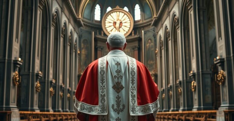 Kapłan katolicki w vestamentach, w majestatycznym wnętrzu kościoła, modlący się przed krzyżem, symbolizujący wierność dogmatom i duchową prawdę
