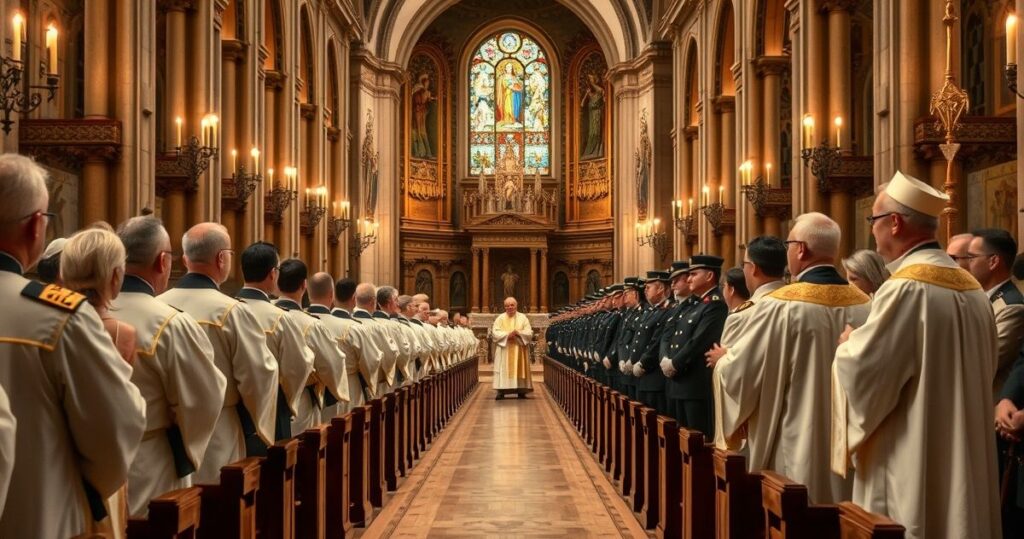 Szczegółowe zdjęcie kościoła wojskowego podczas masy, z nieprawowiernym biskupem i wojskowym, ukazujące liturgiczną powagę i profanację sakramentów.