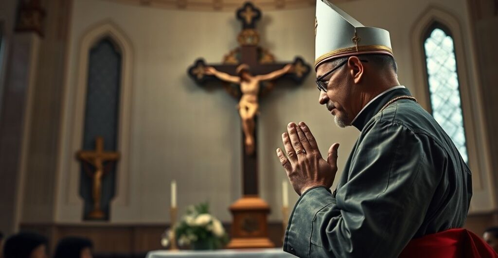 Katolicki kapłan wojskowy modli się przed krzyżem w kaplicy, symbolizując duchowe refleksje nad wojskiem i moralnością w czasie konfliktu